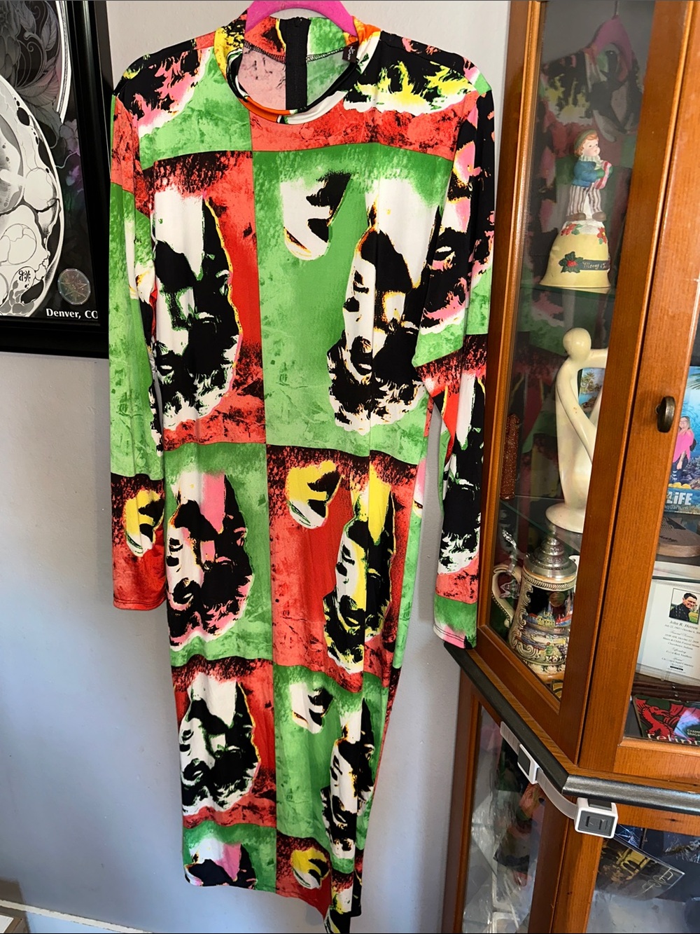 Abstract Pop Art Long Sleeve Midi Dress in Green and Red